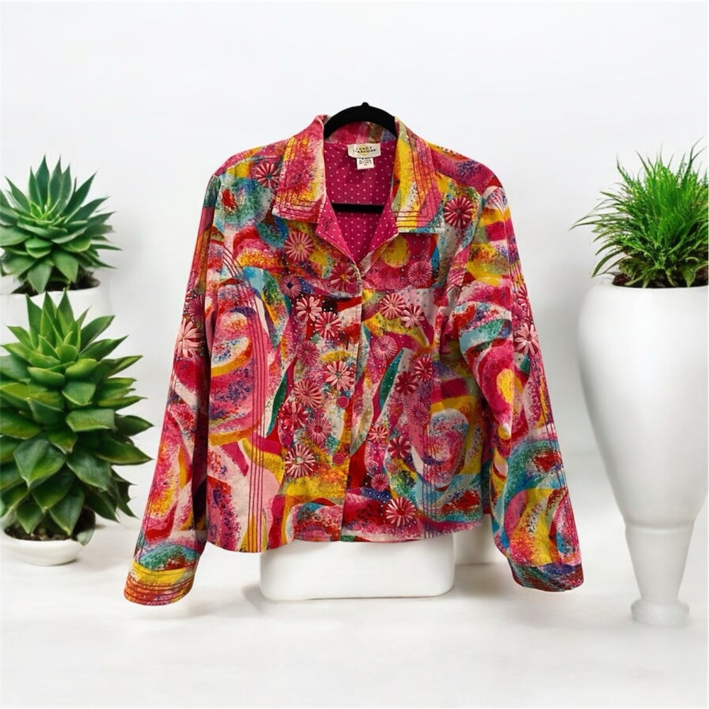 Sandy Starkman Vintage Embellished Pink/ orange Floral Jacket Long Sleeve XL